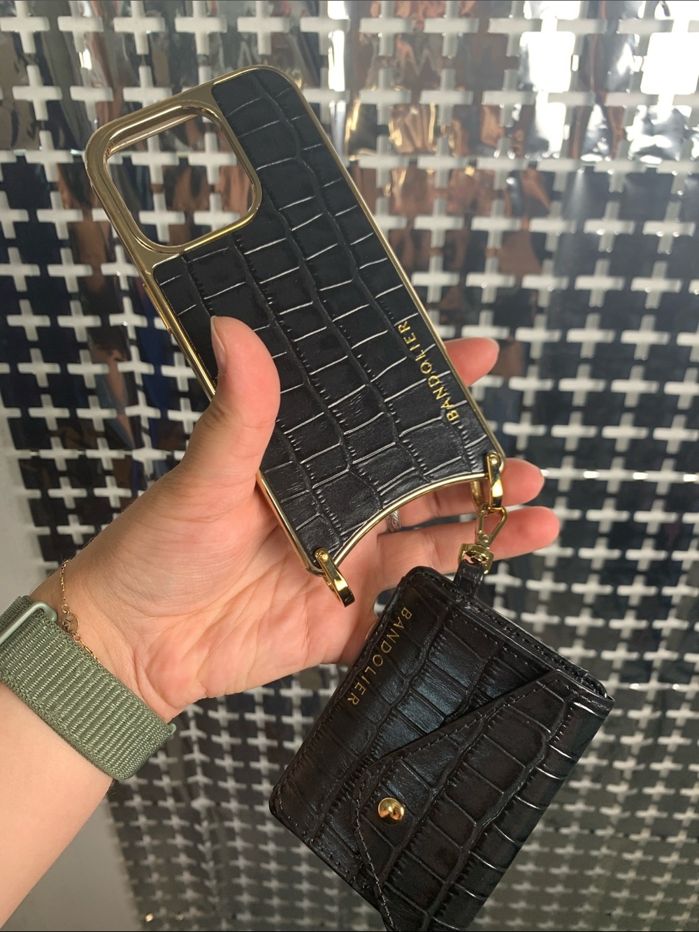 Bandolier Black Croc-Embossed iPhone 15 Pro Case with Gold Hardware